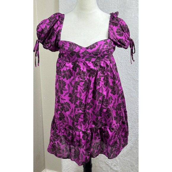 Olivaceous Dresses & Skirts - Olivaceous Floral Mini Dress Purple Brown‎ Puff Sleeve Smocked Back Size M